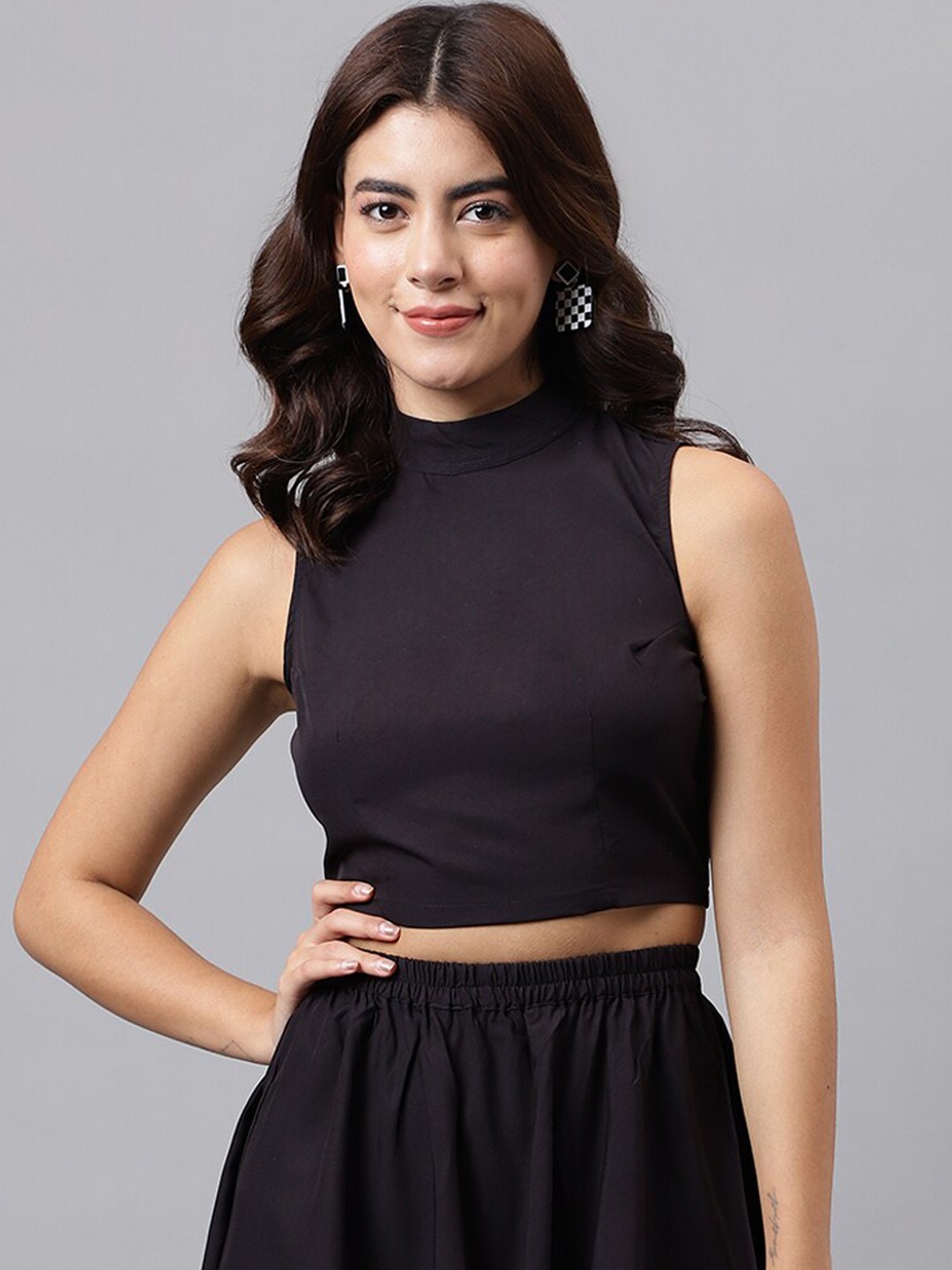 

TRYMISFIT High-Neck Crop Top With Flared Mini Skirt Co-Ords, Black