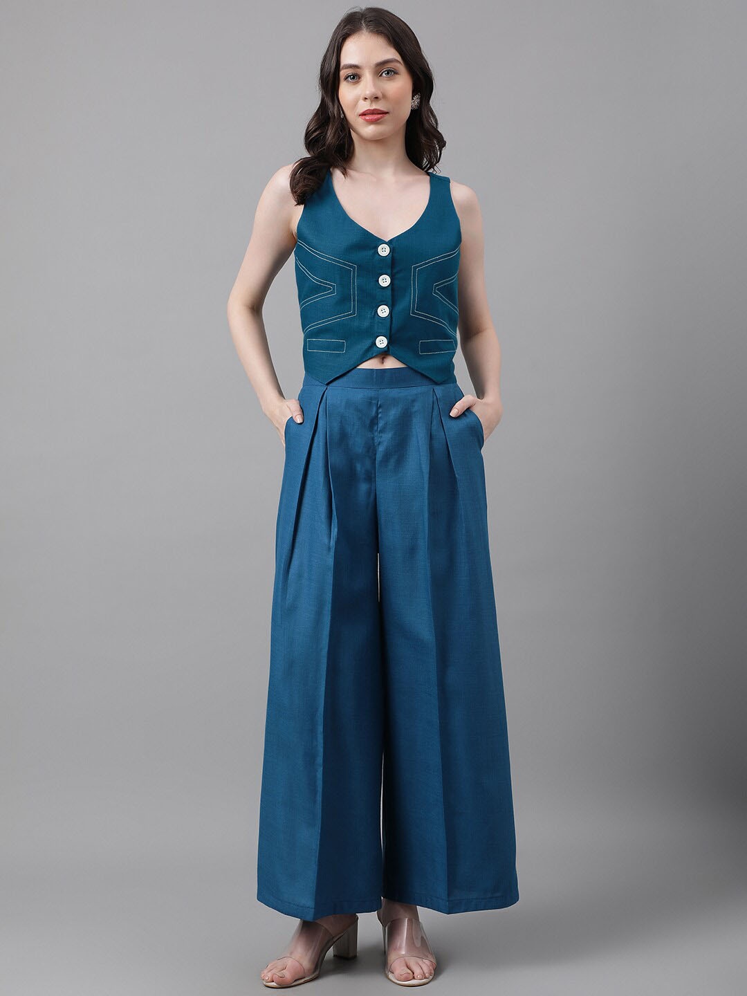 

TRYMISFIT Sleeveless V-Neck Waistcoat & Flared Palazzo Co-Ords, Blue