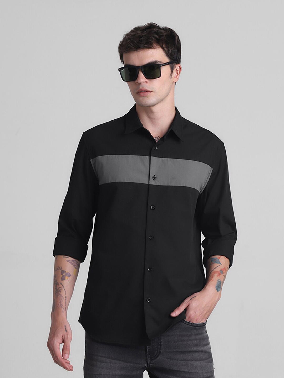 

Jack & Jones Slim Fit Colourblocked Spread Collar Cotton Shirt, Black