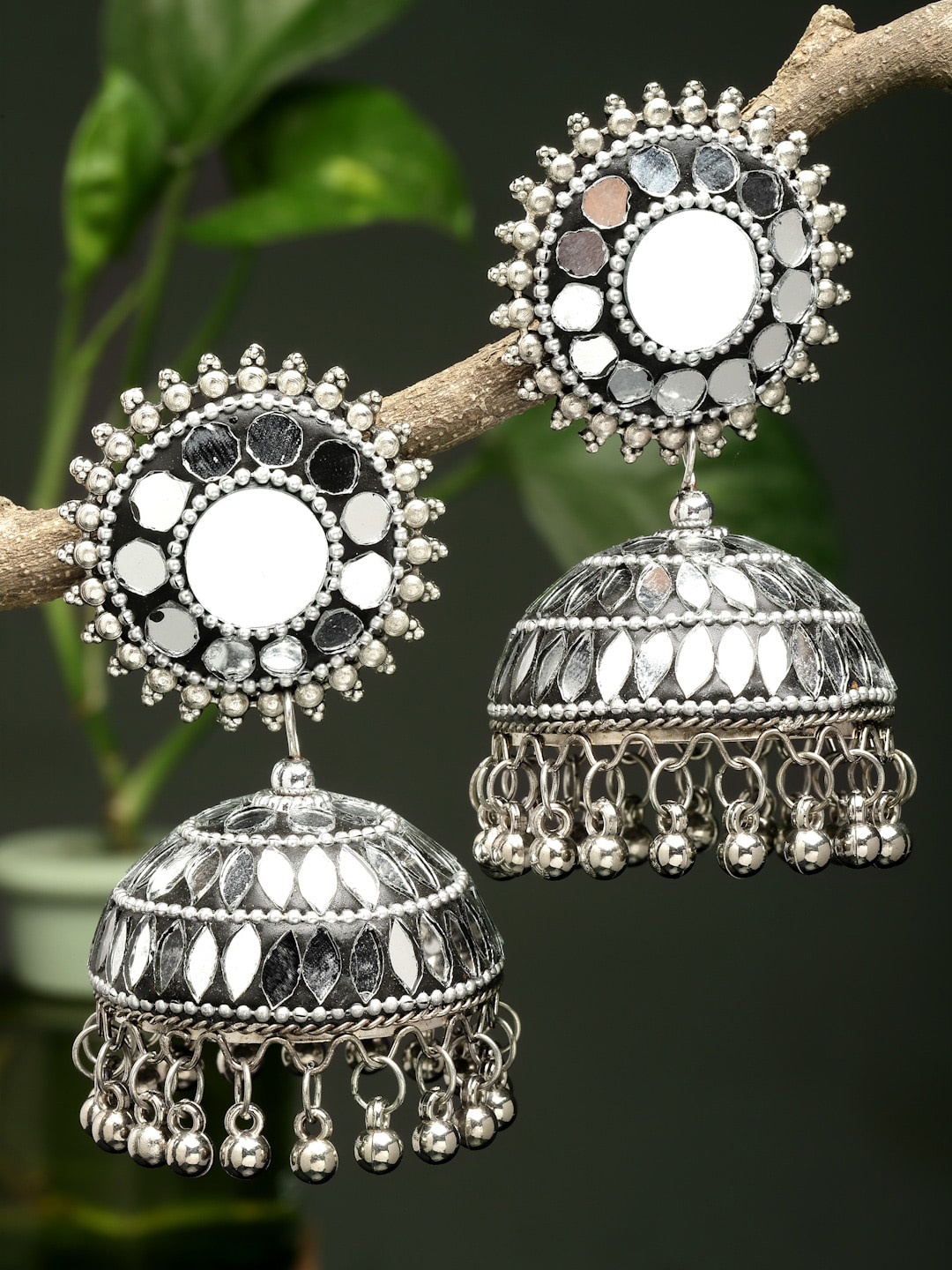 

CHUI MUI Mirror Studded Dome Shaped Jhumkas, Silver