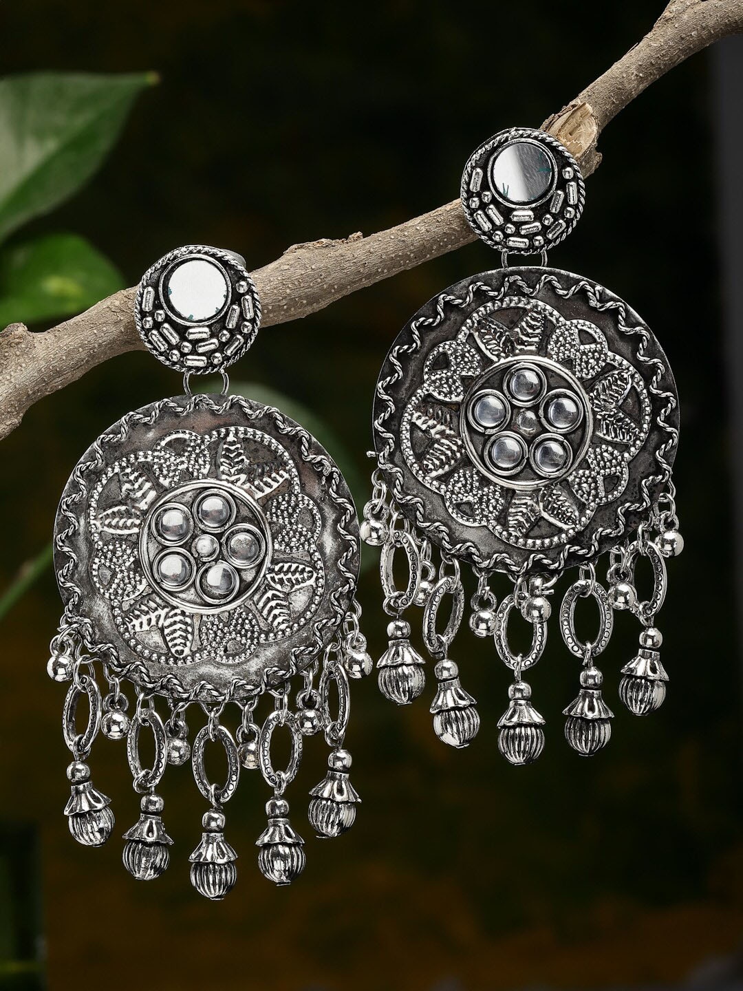 

CHUI MUI Silver-Plated Mirror Work Oxidised Classic Drop Earrings