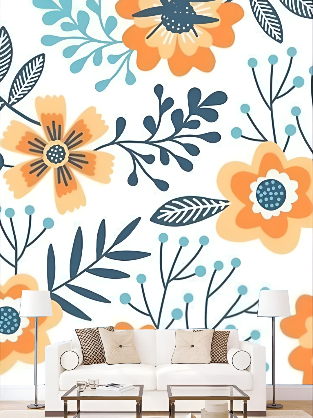 

KSHIRSA Blue & Orange Floral Printed Self Adhesive Wallpaper