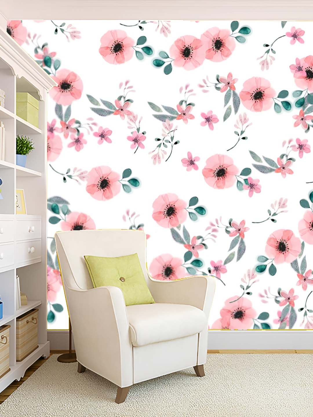 

KSHIRSA White & Peach Floral Printed Self Adhesive Wallpaper