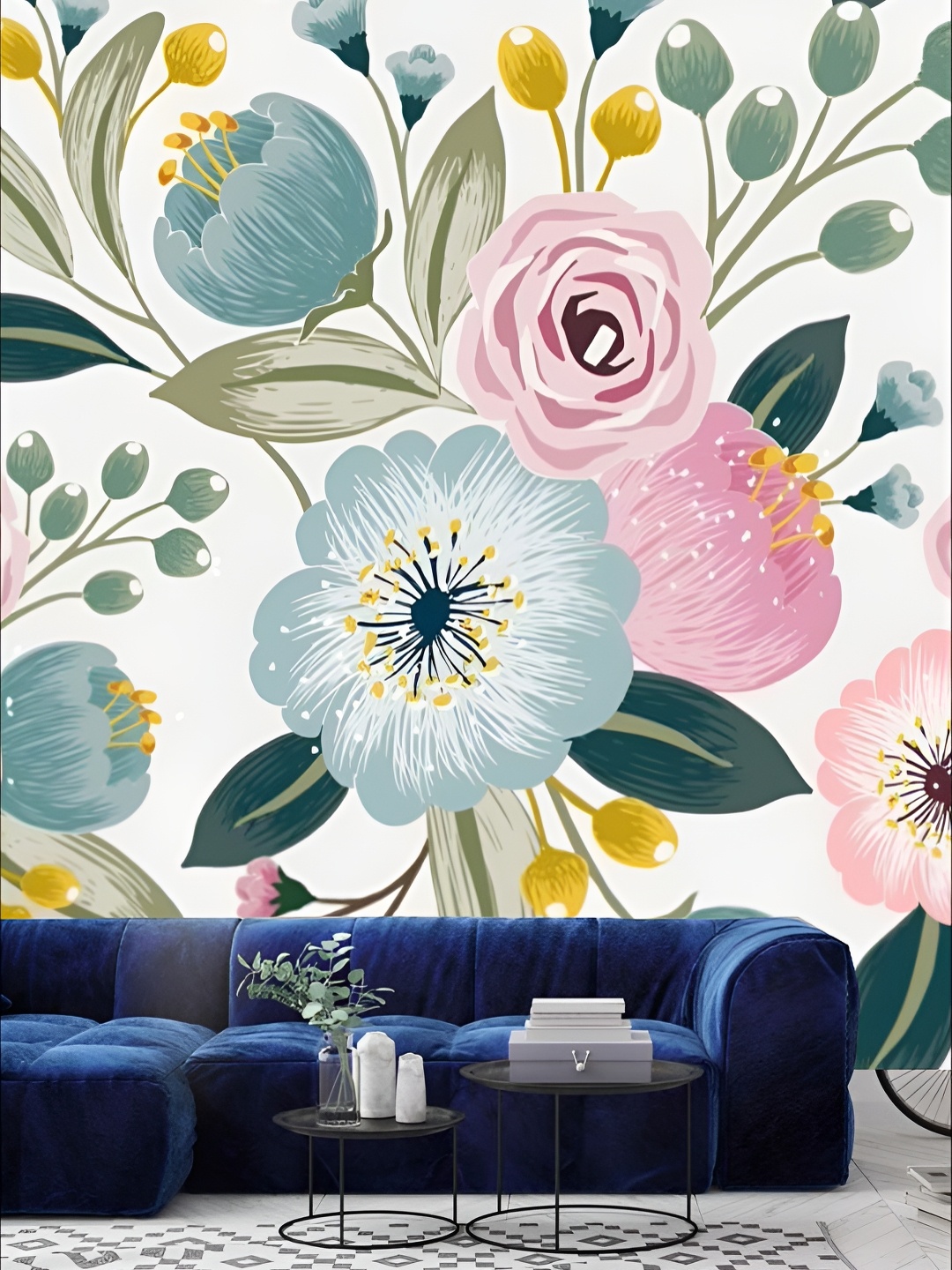 

KSHIRSA White & Blue Floral Printed Self-Adhesive & Removable Wallpaper