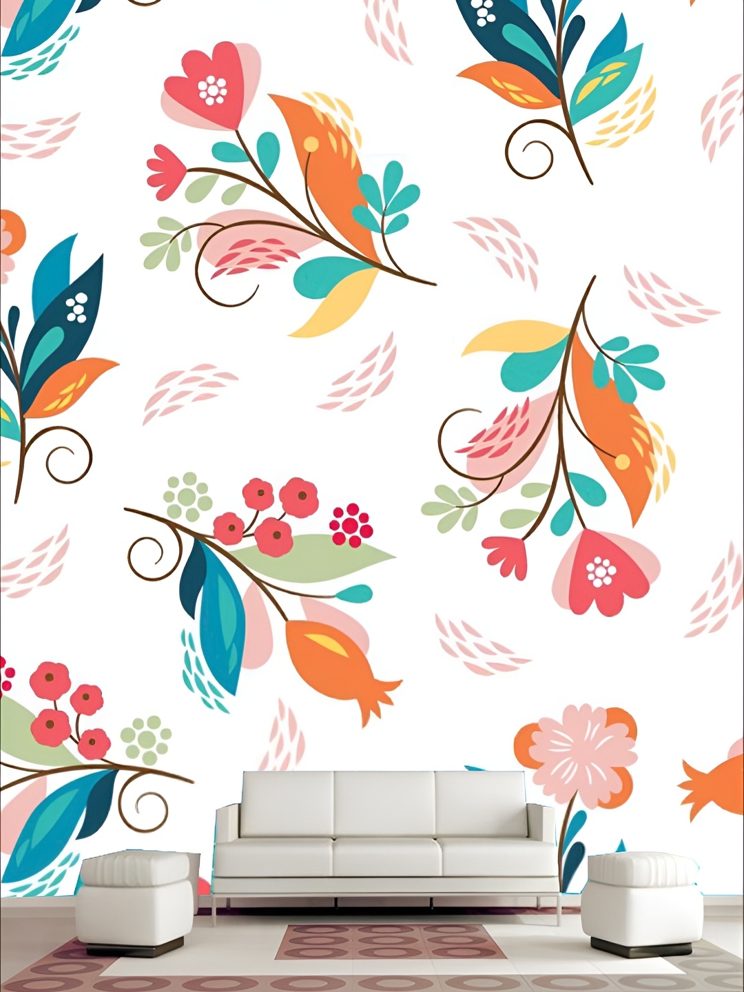 

KSHIRSA White & Orange Floral Printed Self-Adhesive & Removable Wallpaper