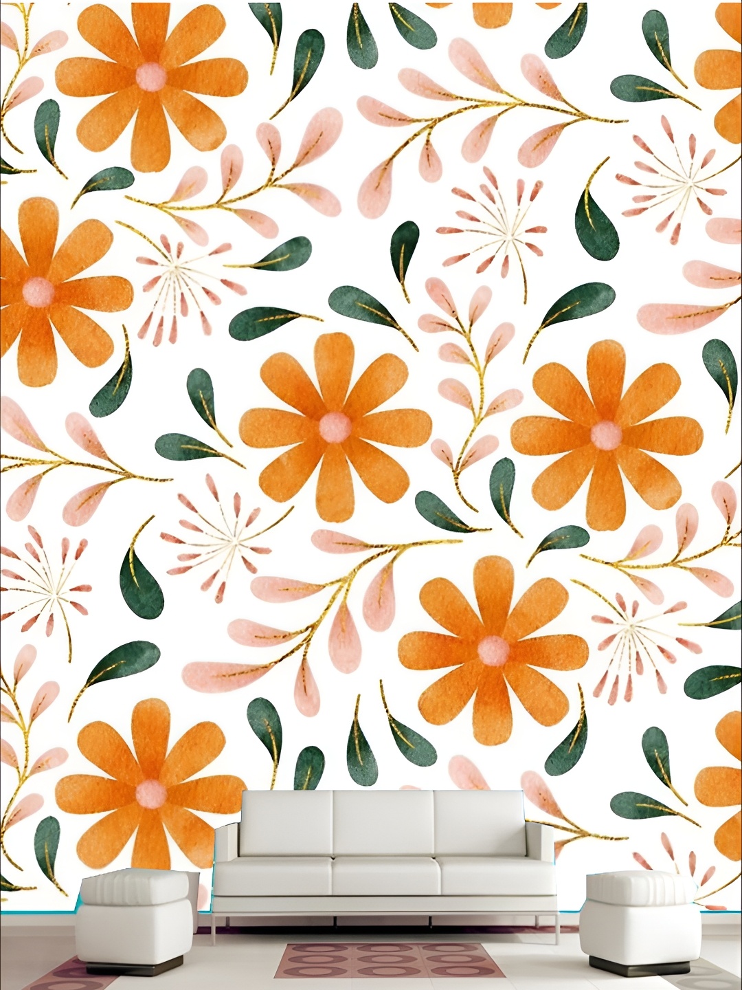 

KSHIRSA White & Orange Floral Printed Self Adhesive Removable Wallpaper