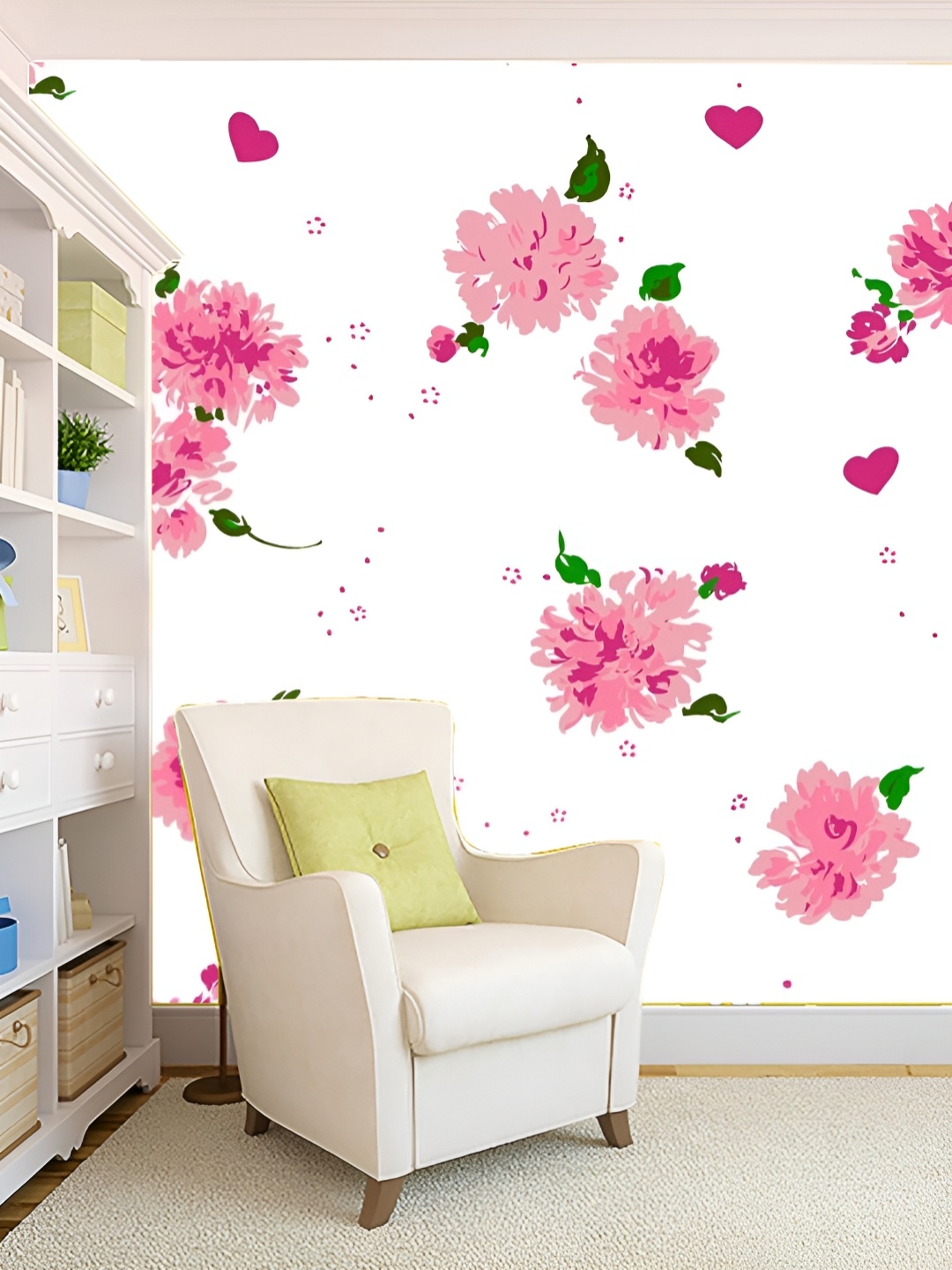 

KSHIRSA White & Pink Floral Printed Self Adhesive Removable Wallpaper