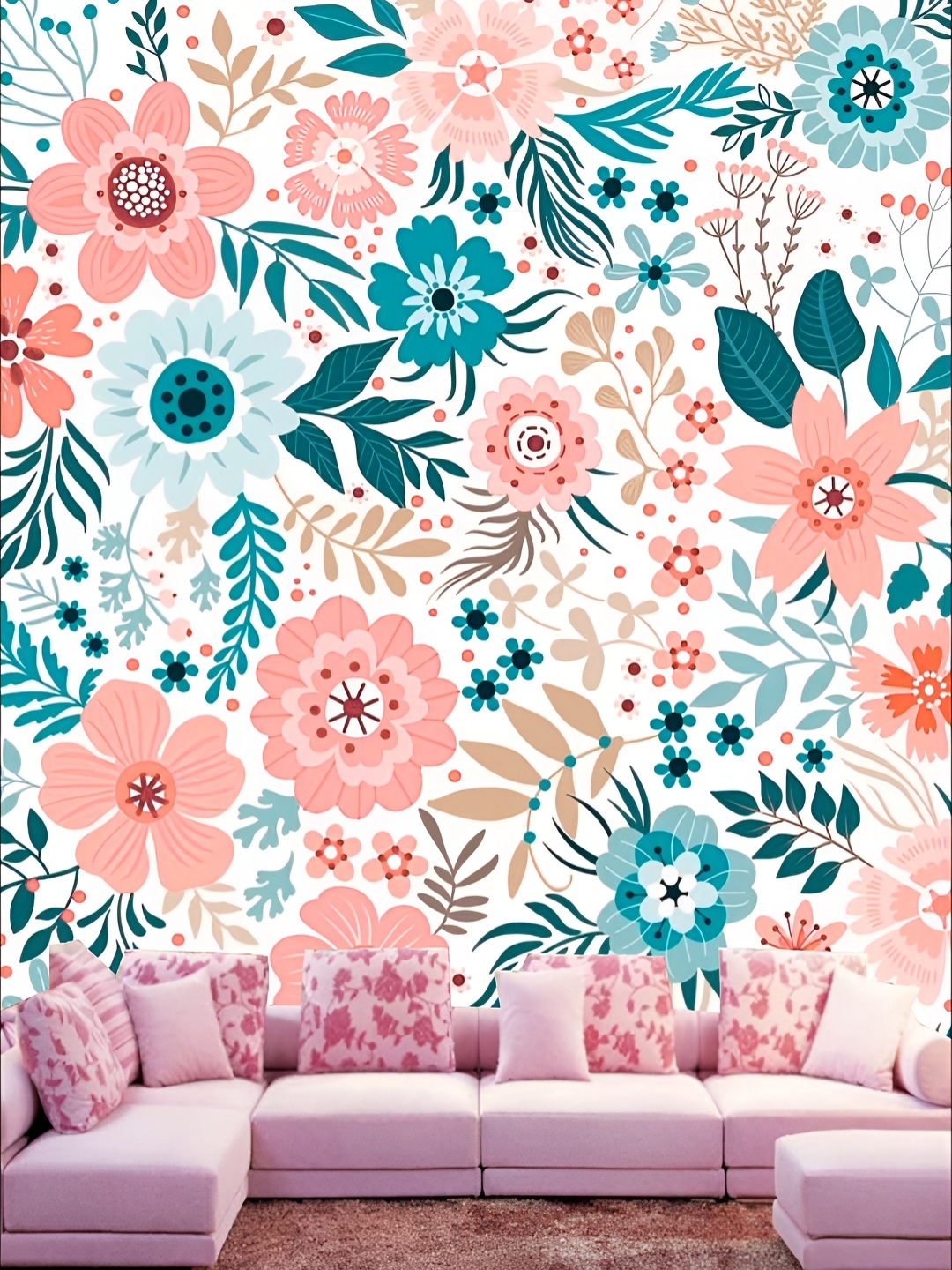 

KSHIRSA Blue & Peach-Colored Floral Printed Self Adhesive Removable Wallpaper