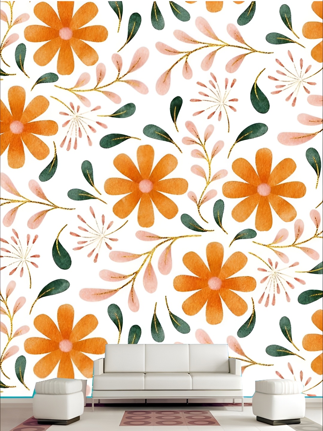 

KSHIRSA White & Orange Floral Printed Self-Adhesive Laminated Wallpaper