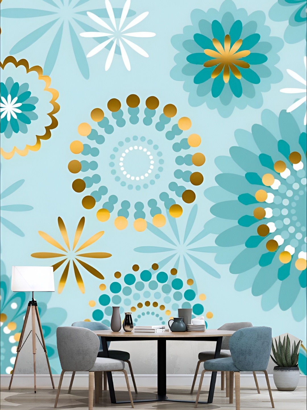 

KSHIRSA Blue & Gold Toned Floral Printed Self Adhesive Removable Wallpaper