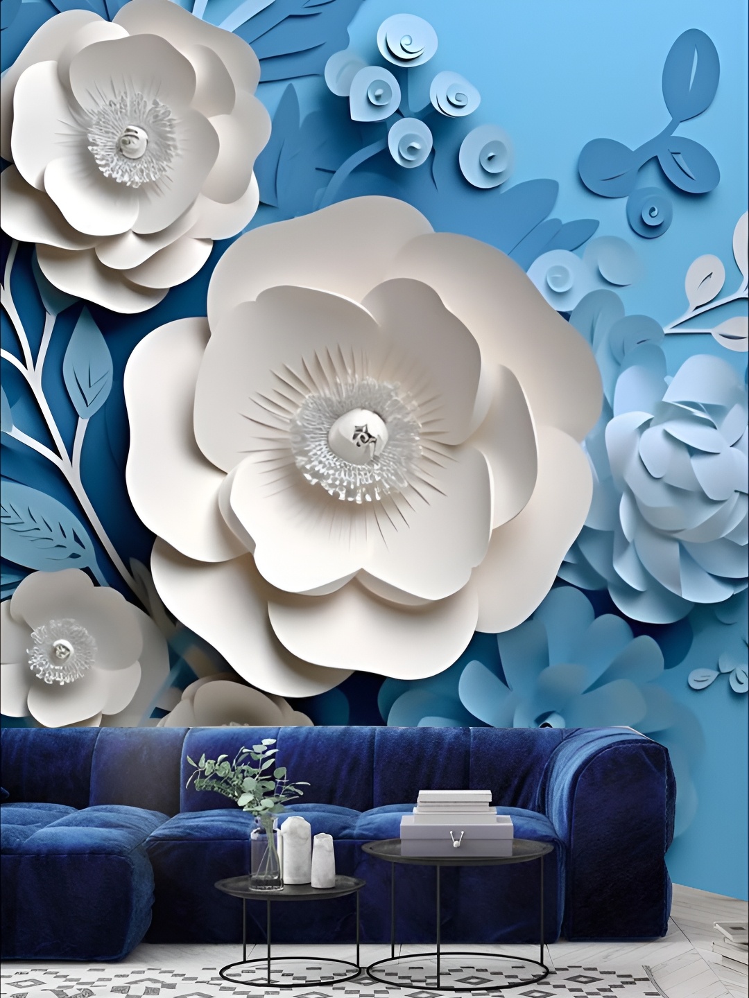 

KSHIRSA White & Blue Floral Printed Self Adhesive Removable Wallpaper