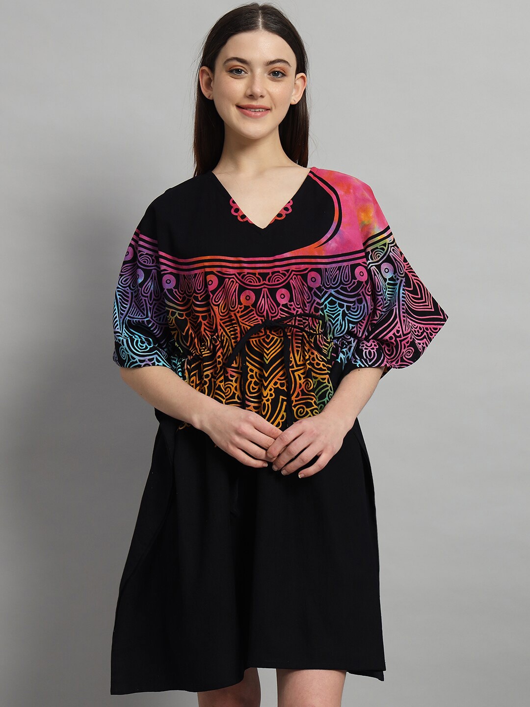 

HANDICRAFT PALACE Ethnic Motifs Printed Pure Cotton Kaftan Nightdress, Black