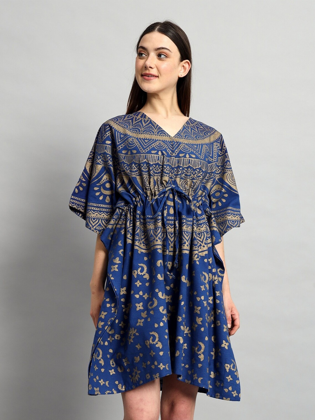 

HANDICRAFT PALACE Ethnic Motifs Printed Pure Cotton Kaftan Nightdress, Blue