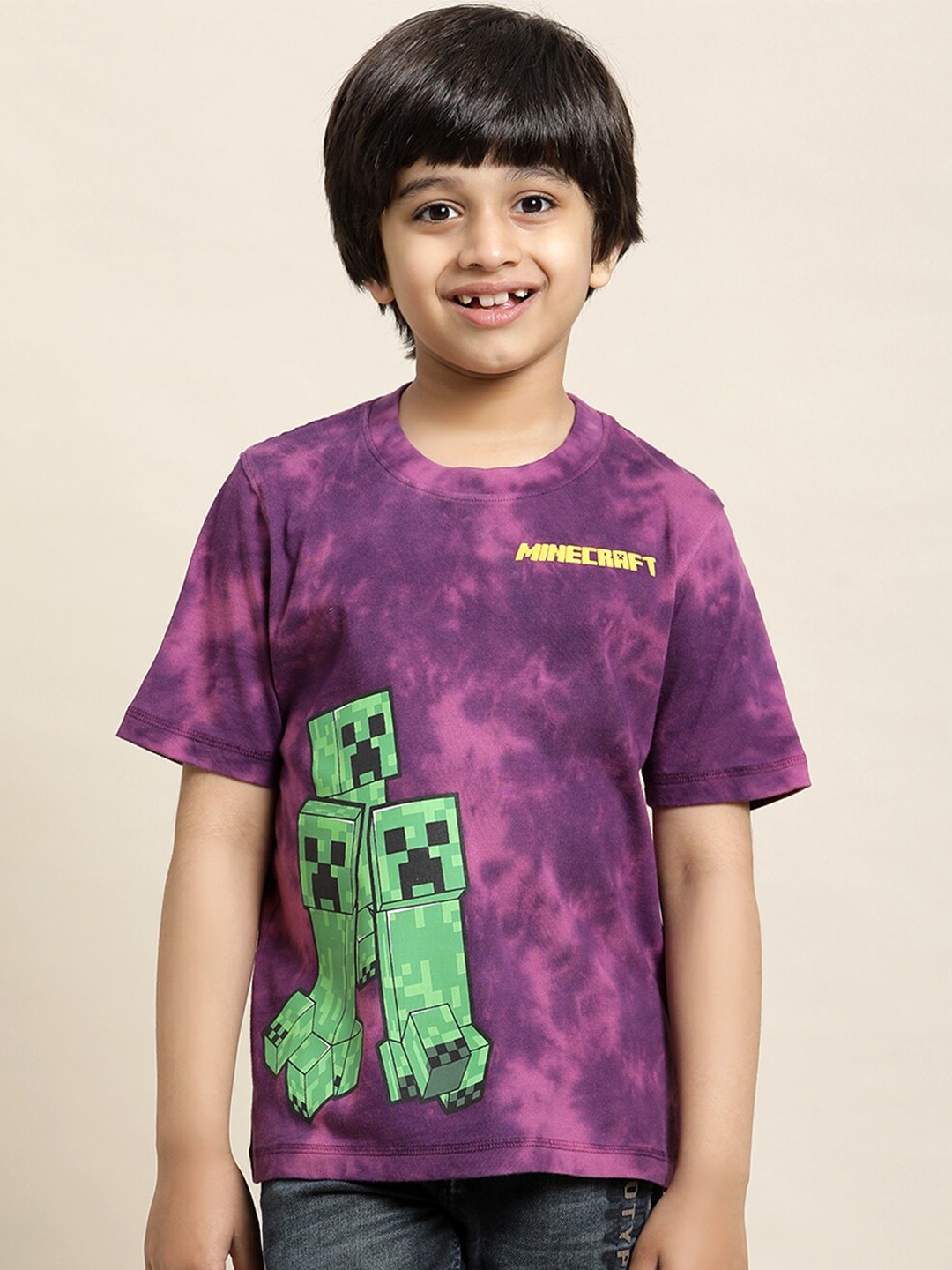 

Kids Ville Boys Minecraft Tie & Dyes Printed Pure Cotton T-shirt, Purple