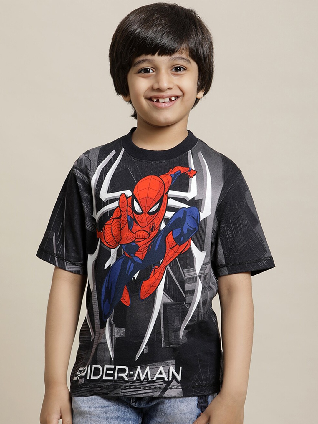 

Kids Ville Boys Spiderman Printed Pure Cotton T-Shirt, Black