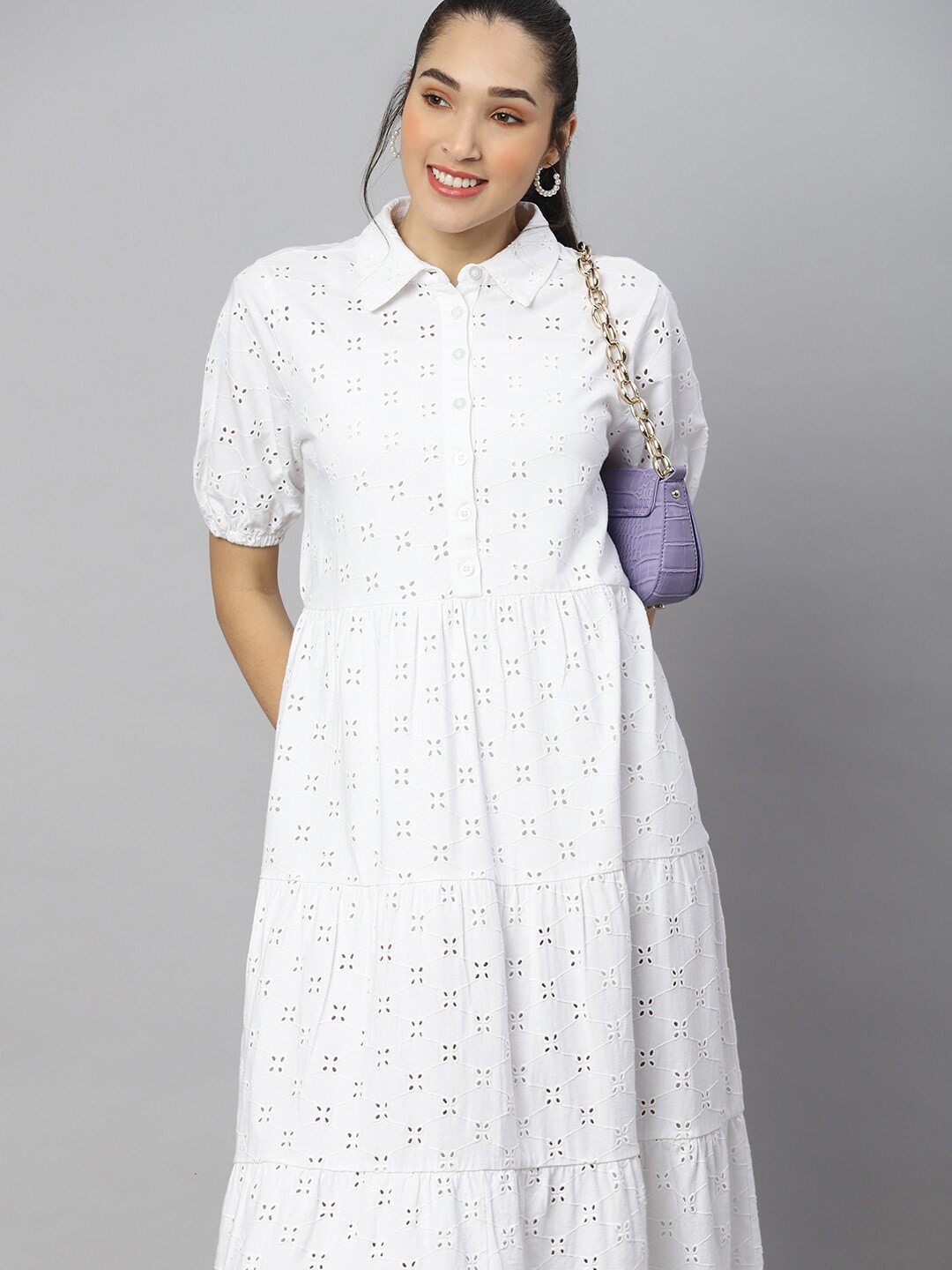 

ANAI Self Design Puff Sleeve Cotton Shirt Midi Dress, White
