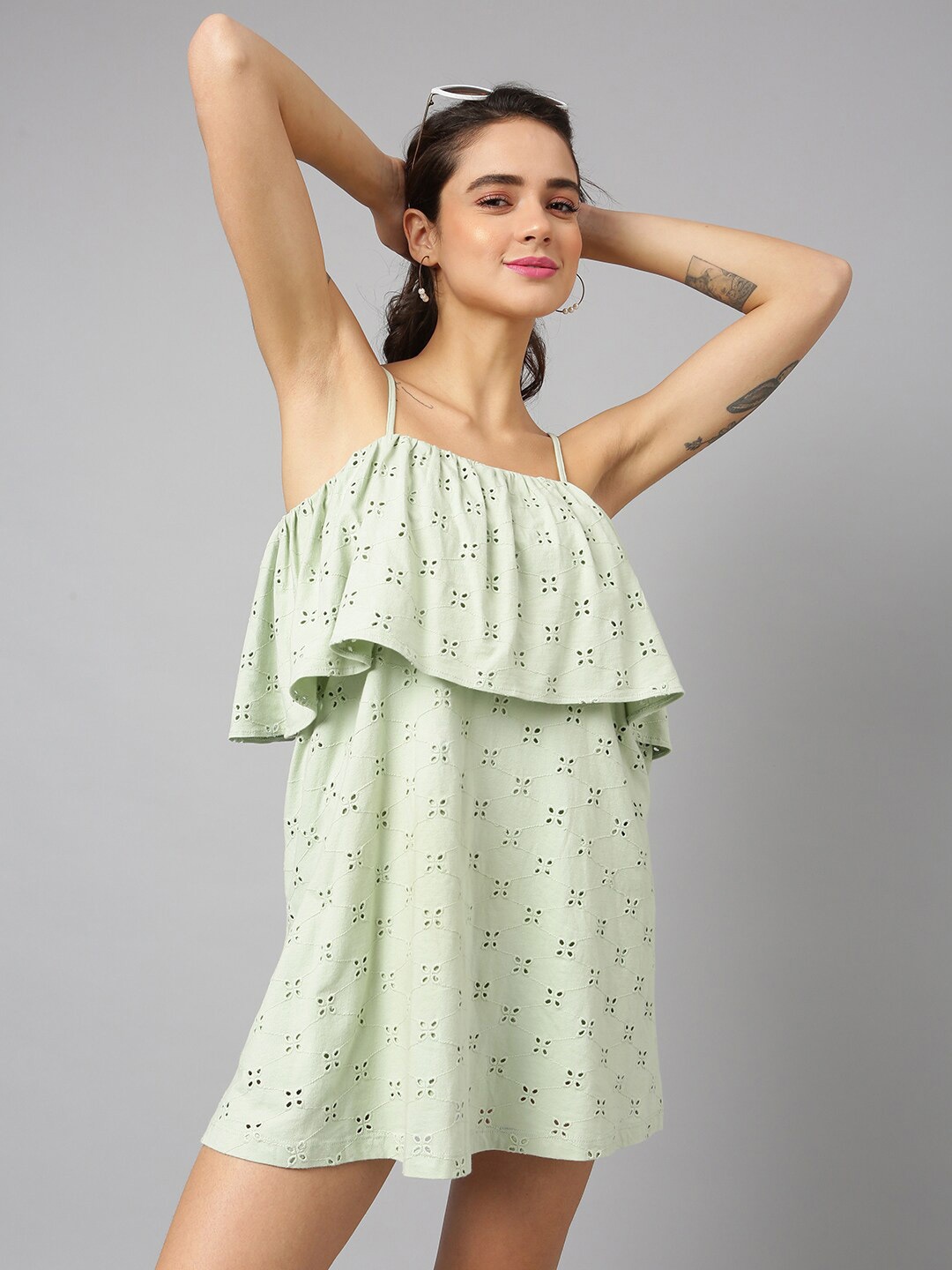 

ANAI Shoulder Strap Cotton A-Line Mini Dress, Green