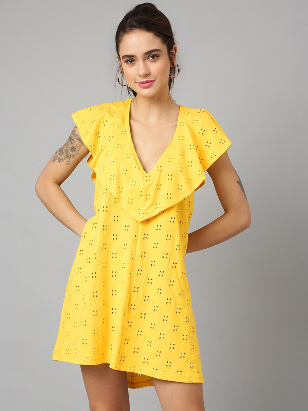 

ANAI V-Neck Self Design Flutter Sleeve Cotton Dress, Yellow