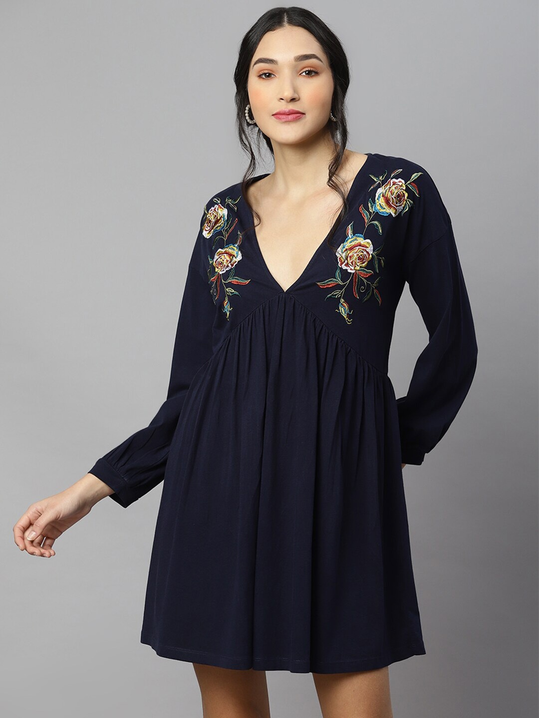 

ANAI V-Neck Cotton Empire Dress, Navy blue