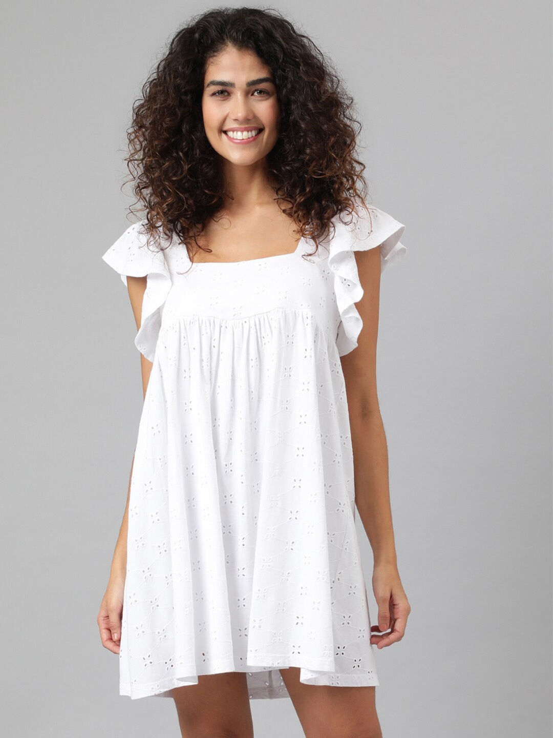 

ANAI Square Neck Cotton Flutter Sleeve Self Design A-Line Dress, White