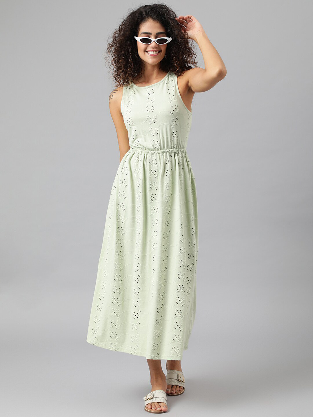 

ANAI Fit & Flare Midi Self Design Sleeveless Schiffli Cotton Dress, Green