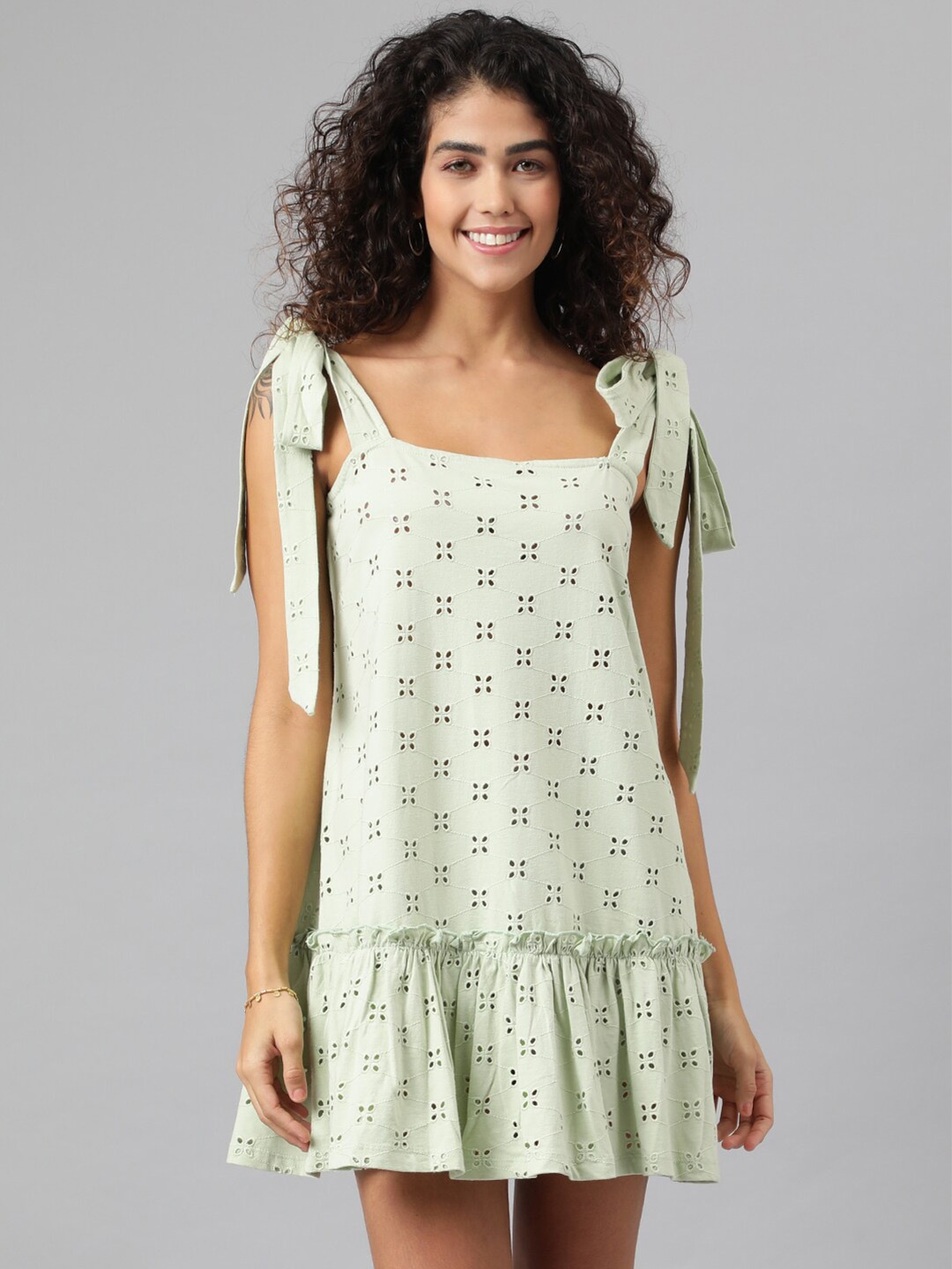 

ANAI Self Design Schiffli Cotton Shoulder Straps Drop-Waist Dress, Green