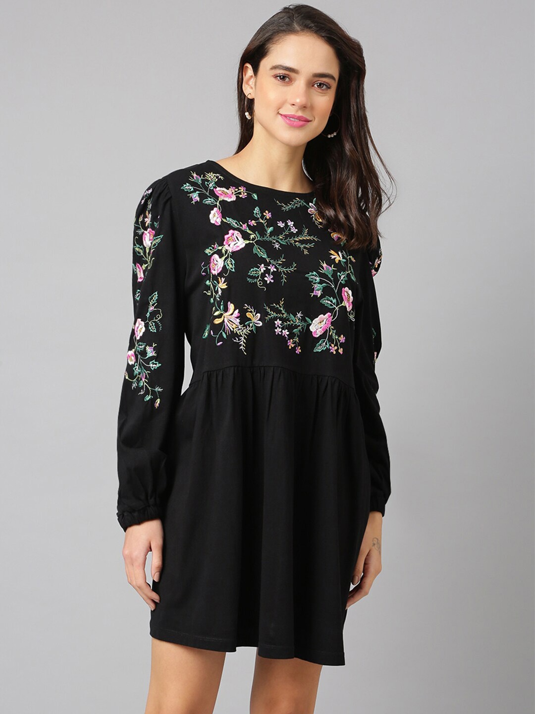 

ANAI Floral Embroidered Cotton A-Line Dress, Black
