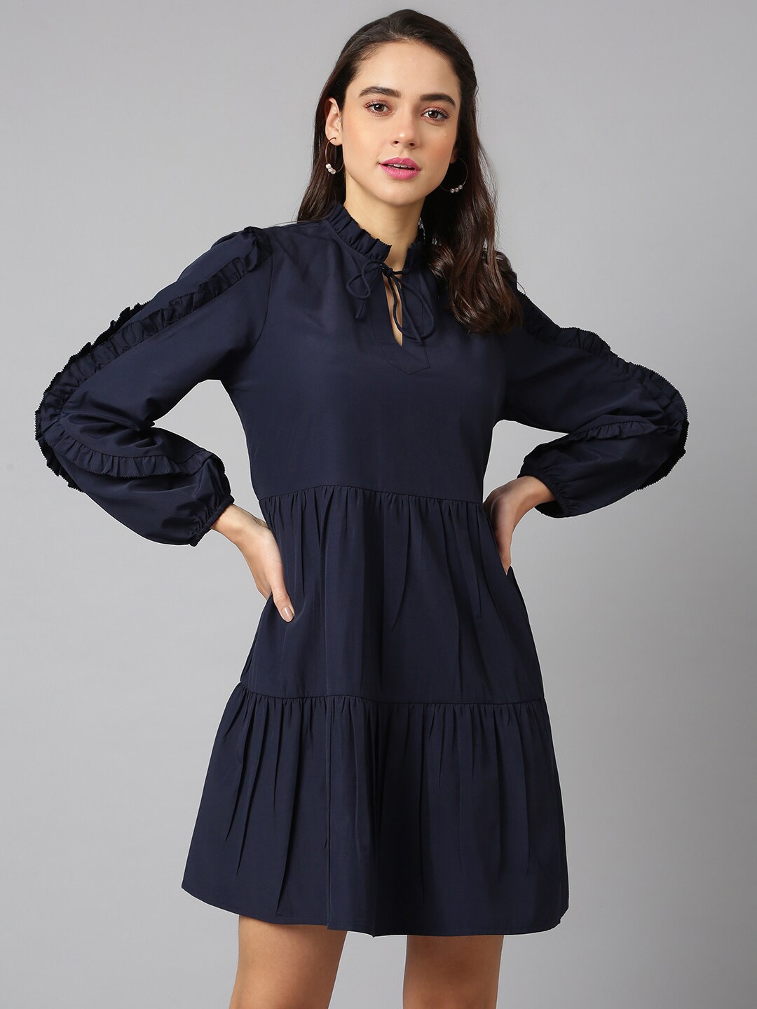 

ANAI Tie-Up Neck Puff Sleeves Fit & Flare Dress, Navy blue