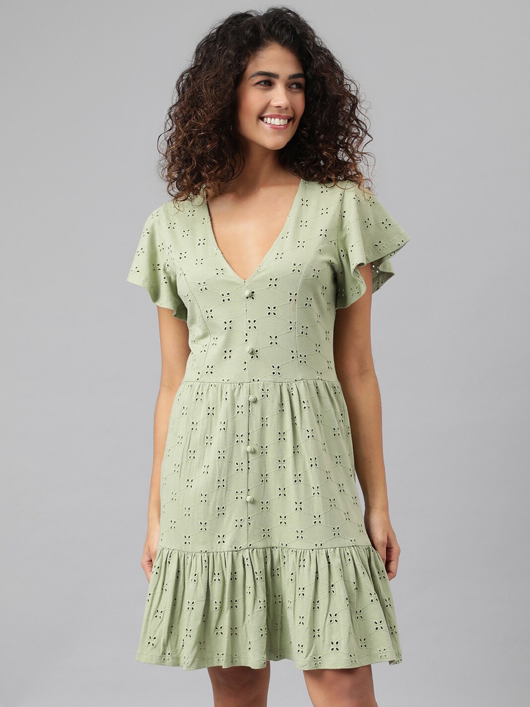 

ANAI Self Design Flutter Sleeves Cotton Schiffli Fit & Flare Dress, Green