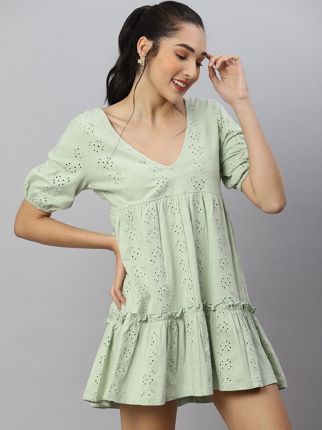 

ANAI Self Design Puff Sleeves Cotton Schiffli A-Line Mini Dress, Green