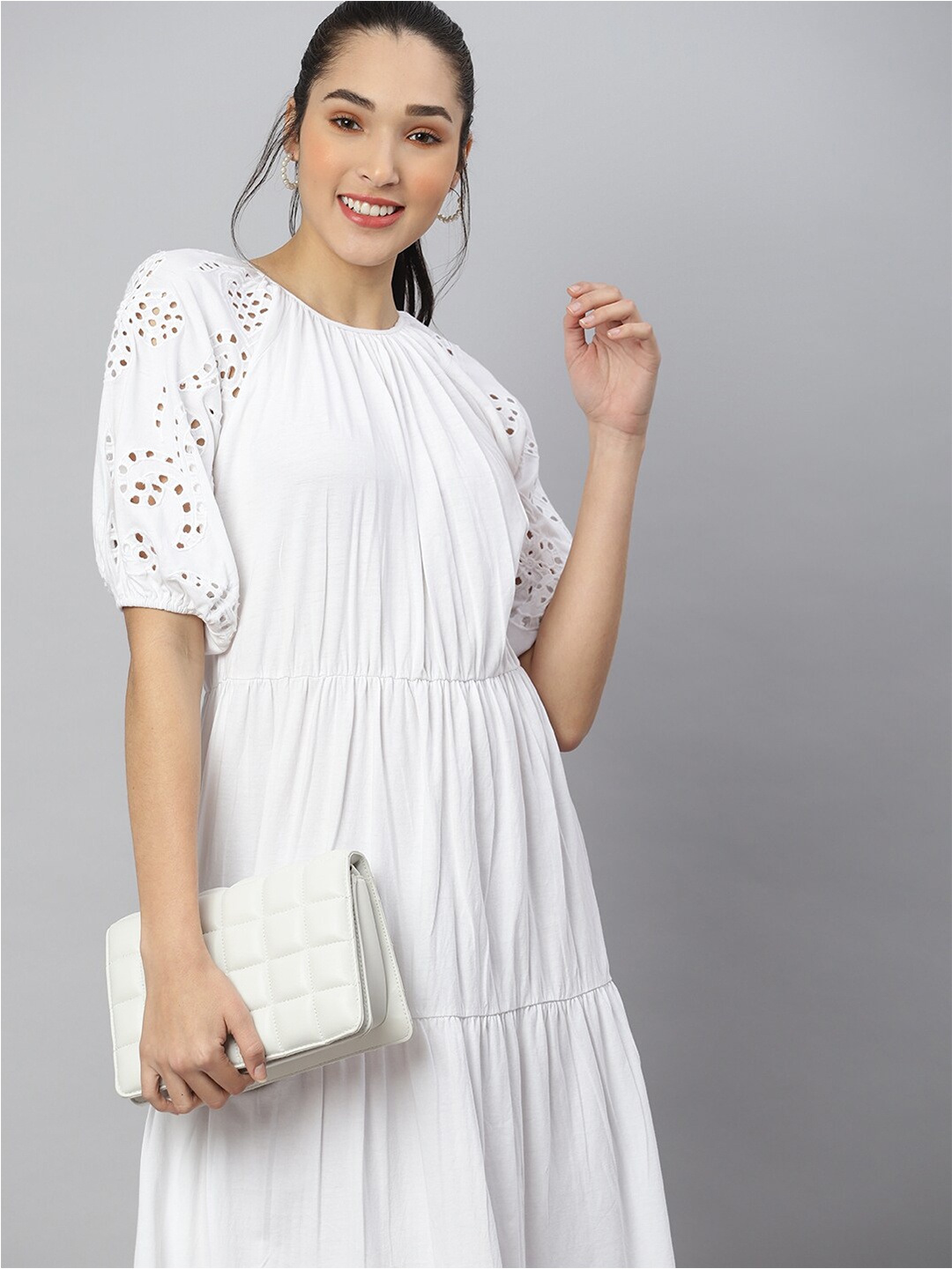 

ANAI Puff Sleeve Gathered or Pleated Schiffli Cotton A-Line Dress, White