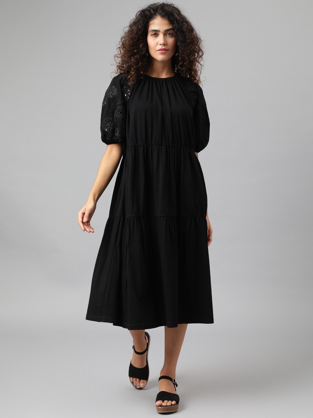 

ANAI Puff Sleeves Cotton A-Line Midi Dress, Black