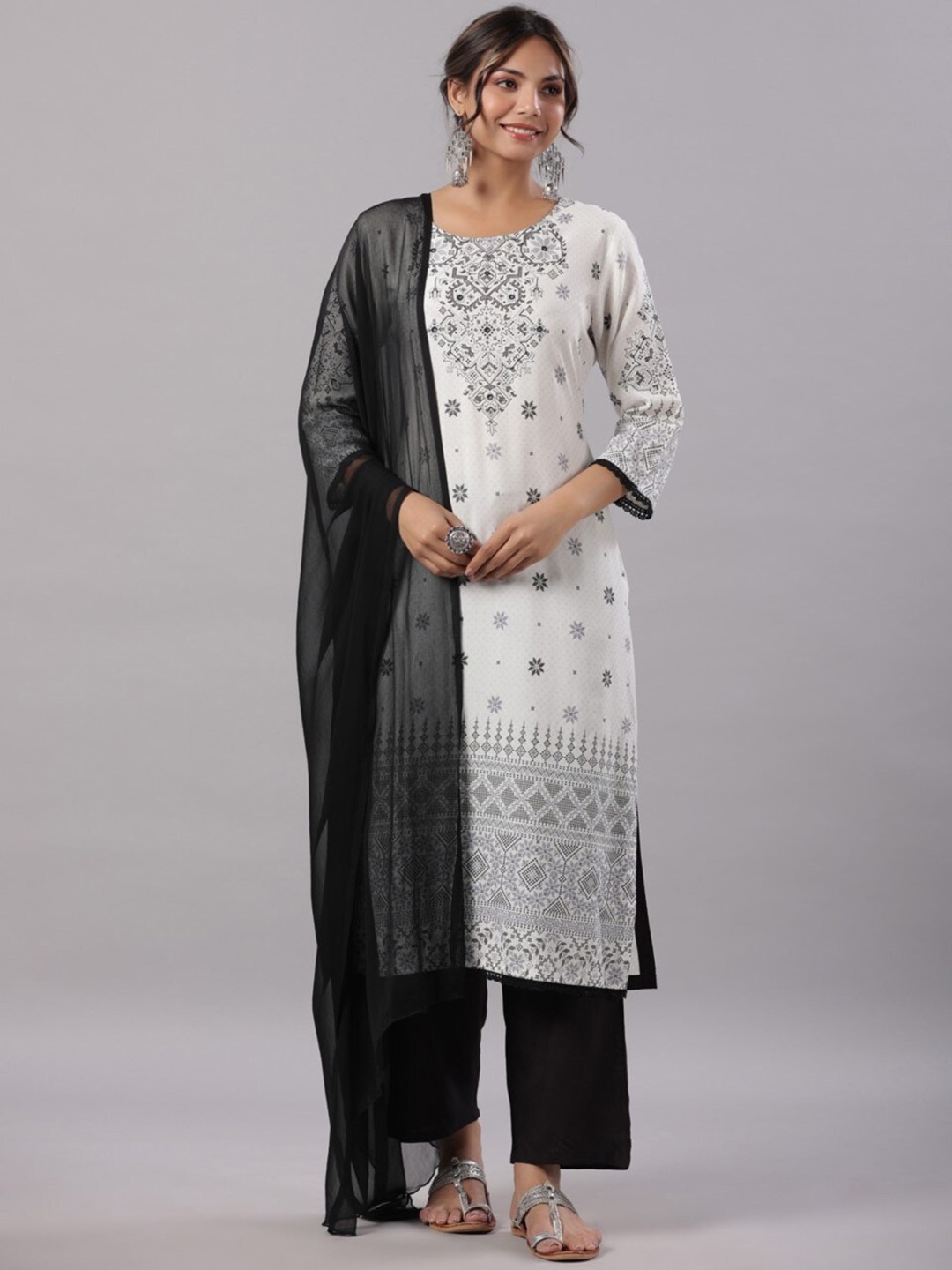 

Juniper Women Printed Regular Sequinned Kurta with Palazzos & With Dupatta, White