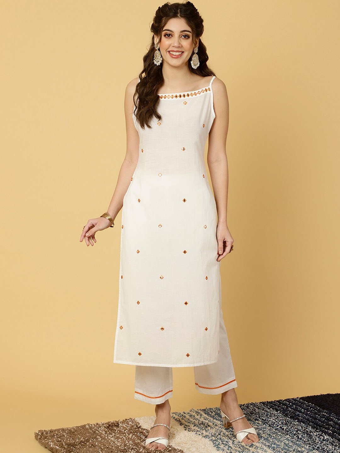 Jaipur Kurti Mirrorwork Kurta With Palazzo And Printed Shrug, White
