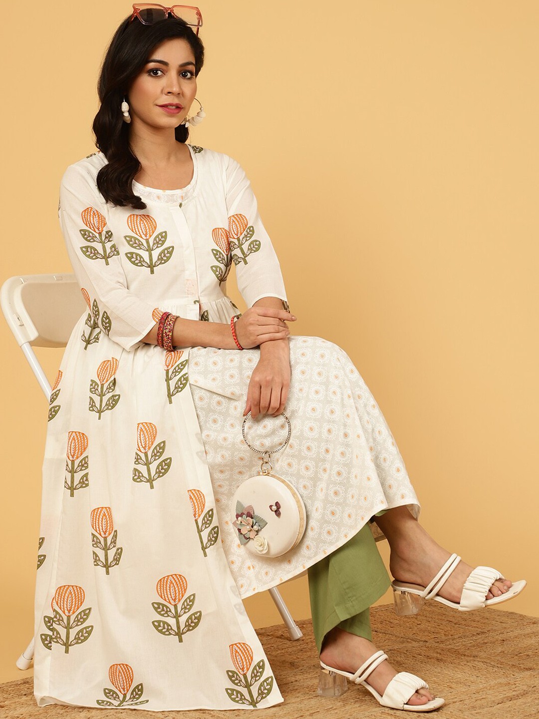 

Jaipur Kurti Ethnic Motif Printed Shrug With Printed Kurta And Palazzo, White