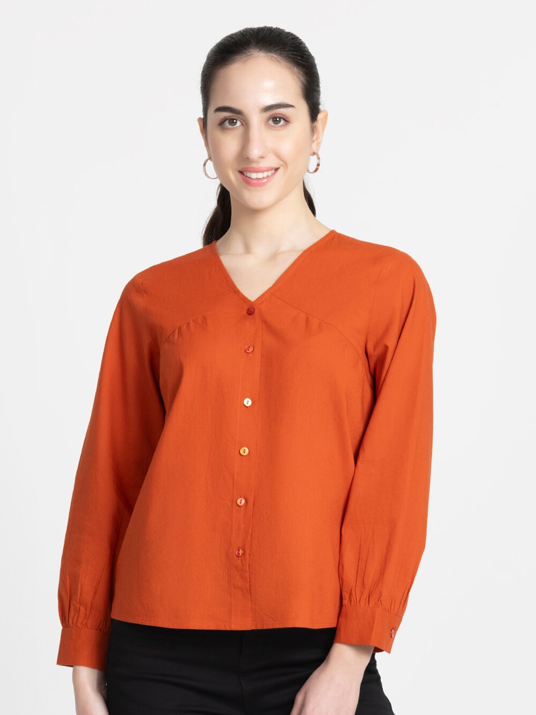 

SHAYE V-Neck Cuffed Sleeves Cotton Shirt Style Top, Rust