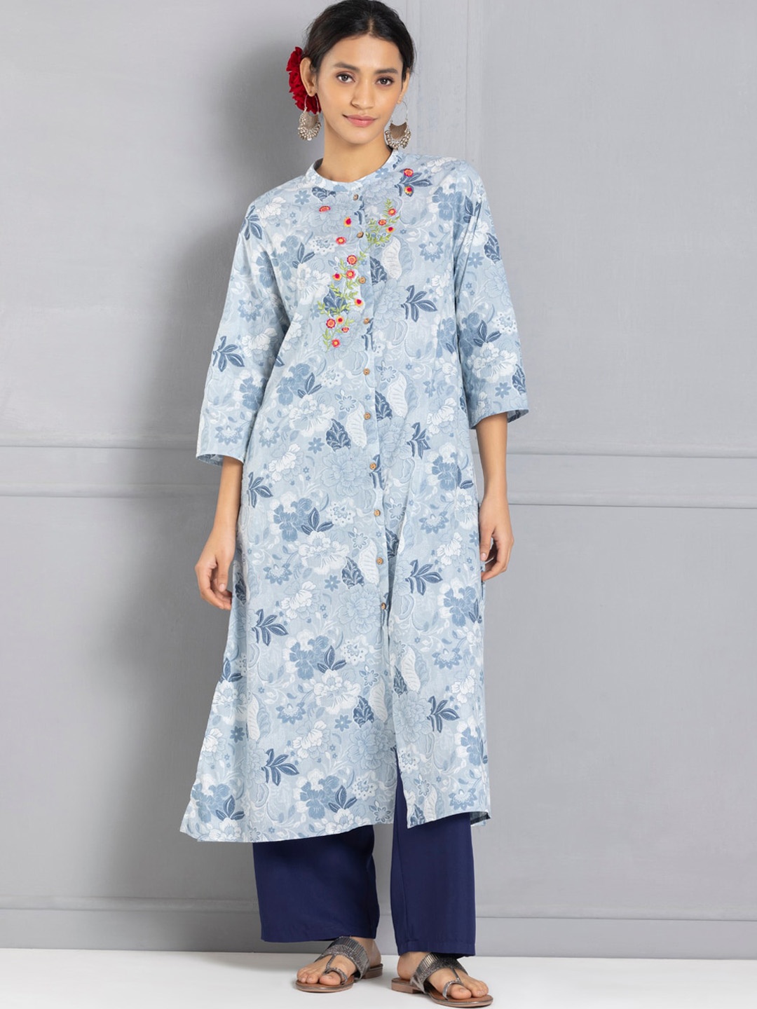 SHAYE Floral Printed Band Collar Thread Work Cotton Straight Kurta, Blue