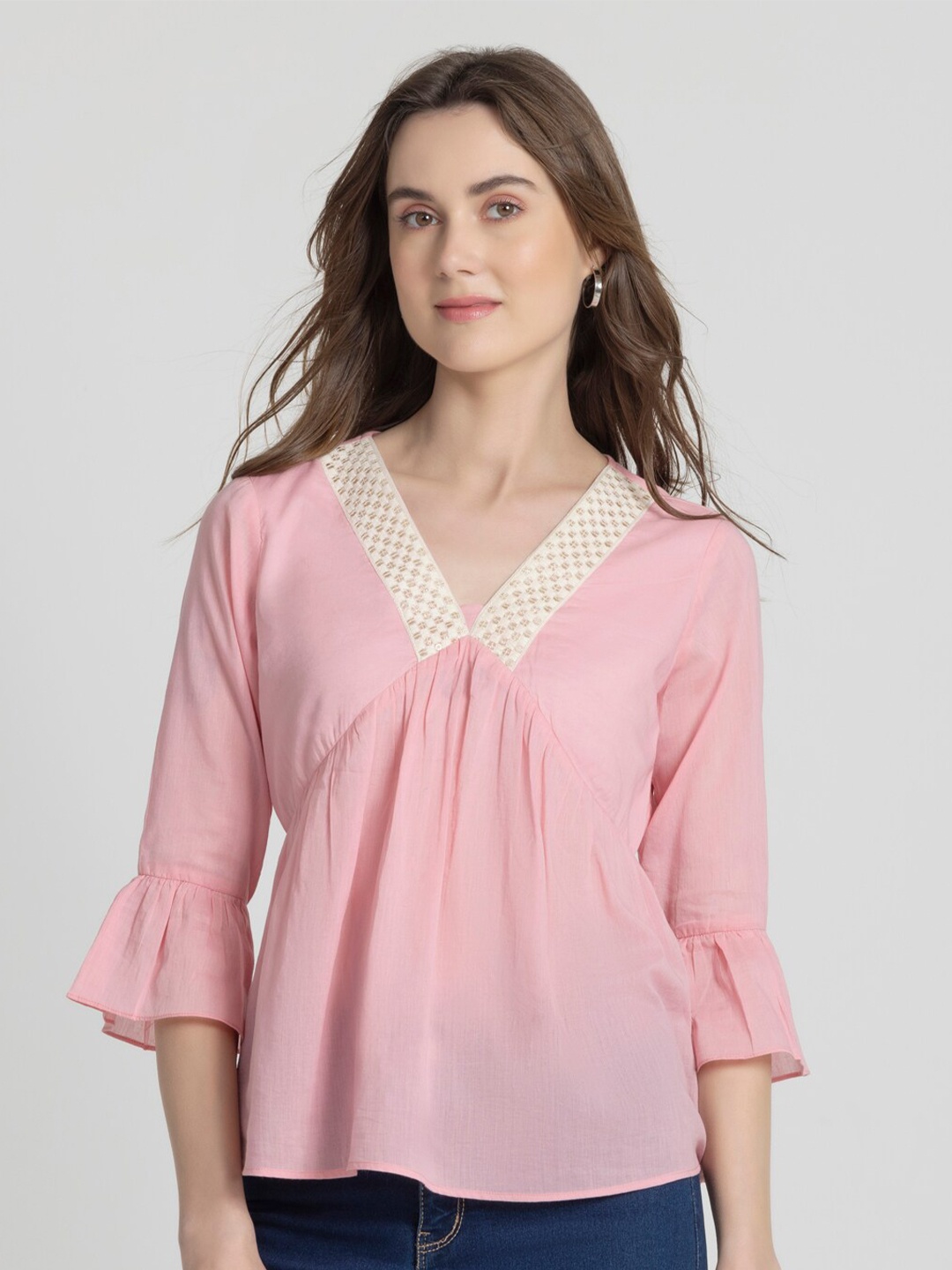 

SHAYE V-Neck Bell Sleeve Cotton Top, Pink