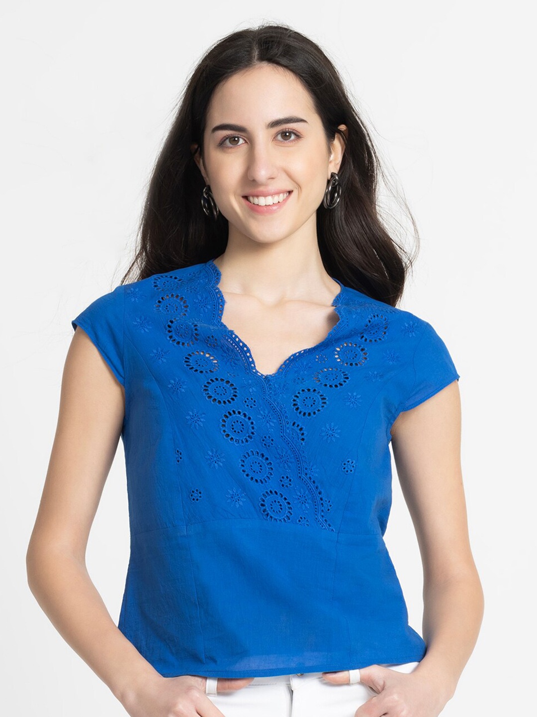 

SHAYE Self Design V-Neck Cotton Crop Top, Blue
