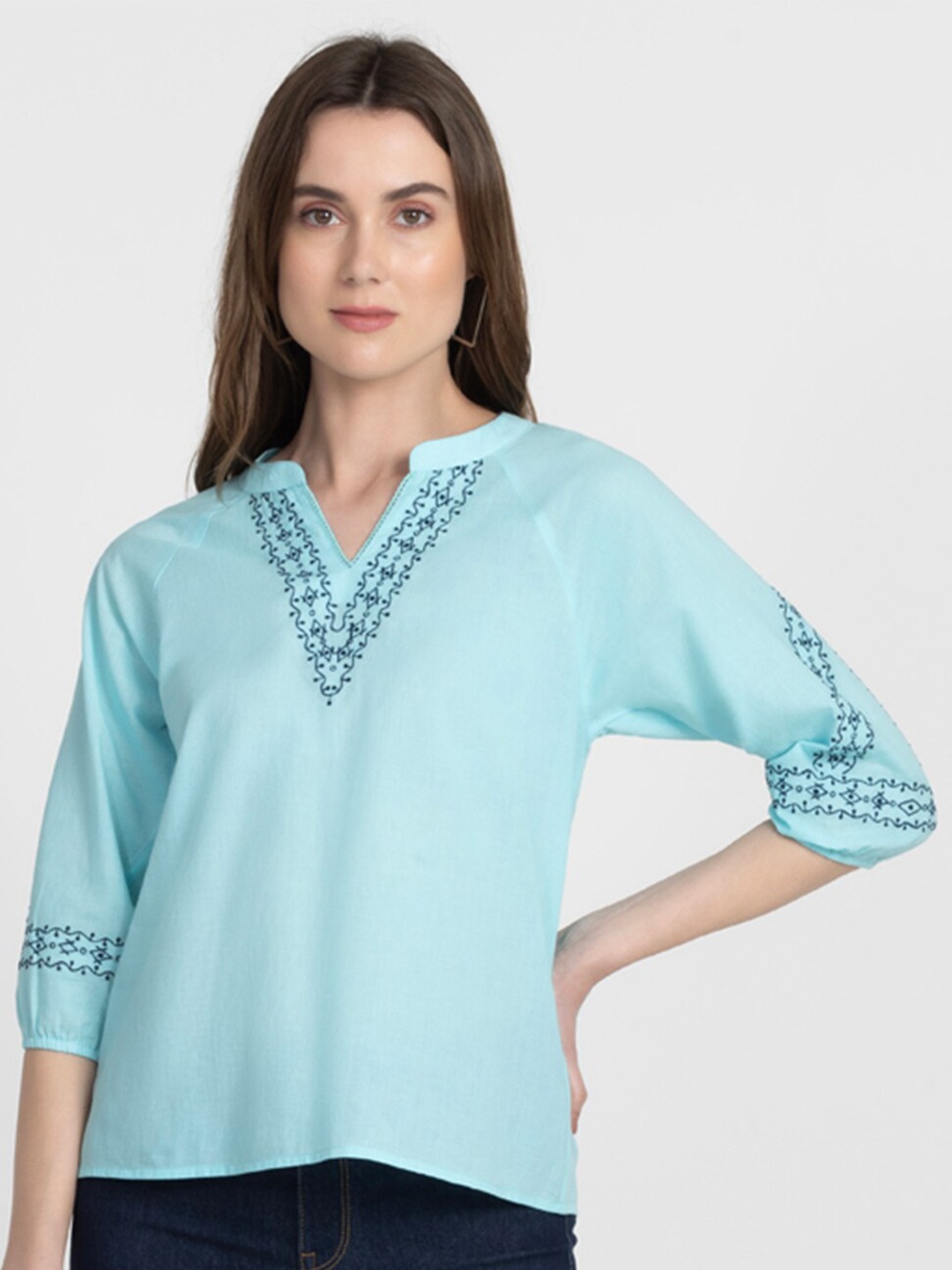 

SHAYE Mandarin Collar Embroidered Cotton Top, Blue
