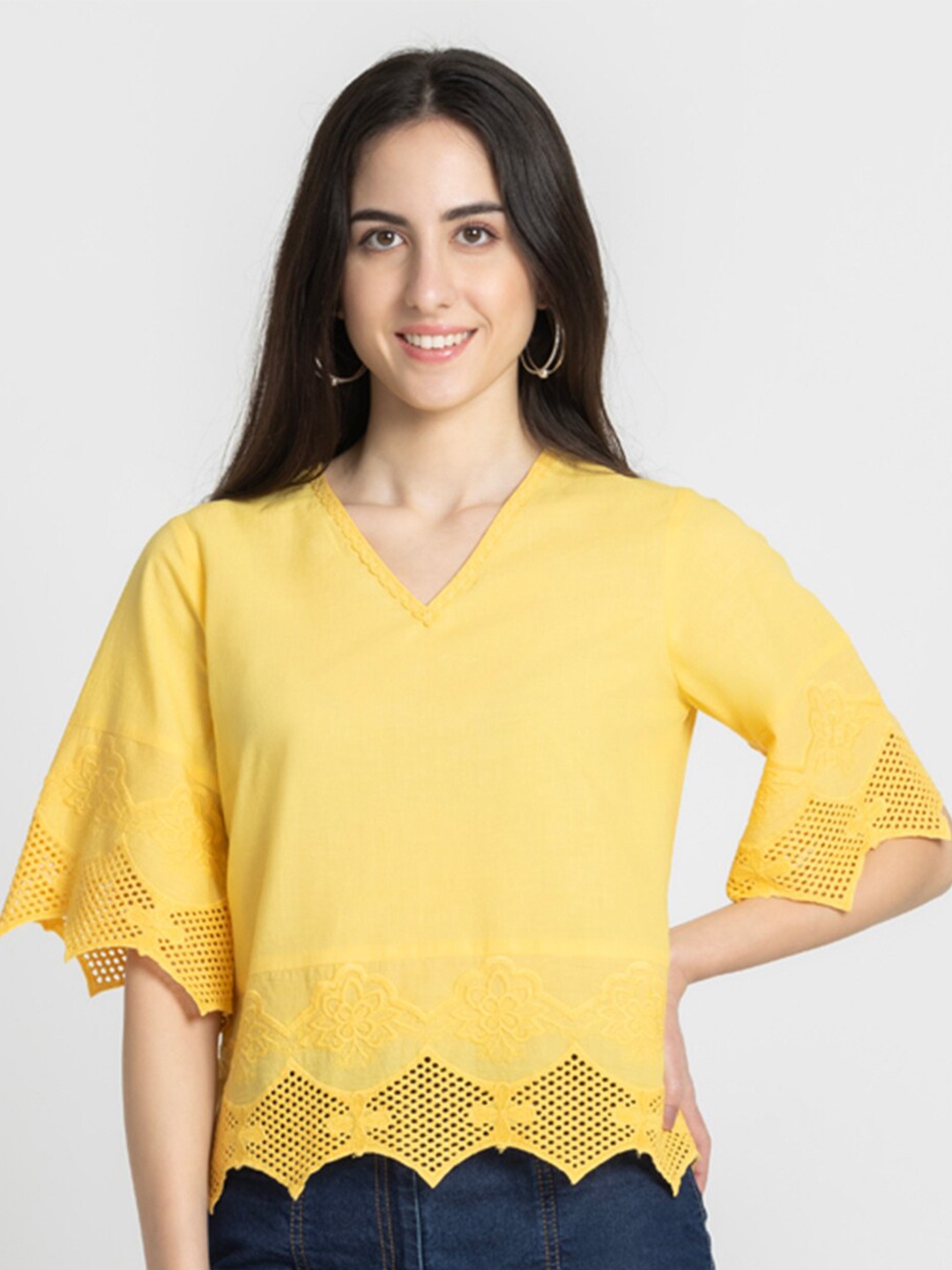 

SHAYE Self Design V-Neck Flared Sleeve Cotton Top, Yellow