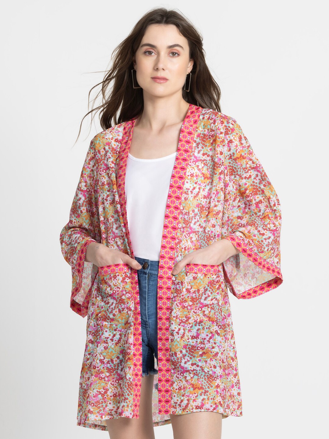 

SHAYE Floral Printed Longline Shrug, Pink