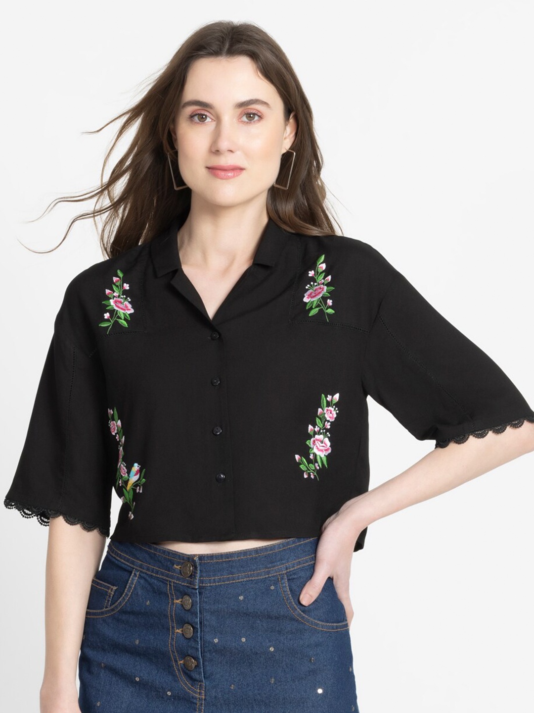 

SHAYE Floral Embroidered Shirt Style Crop Top, Black