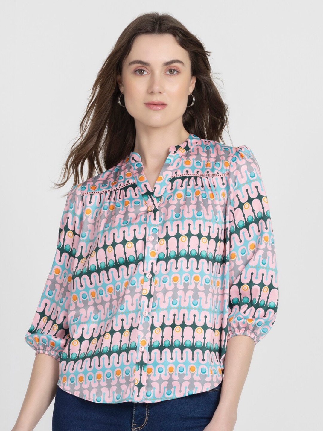 

SHAYE Geometric Printed Mandarin Collar Satin Shirt Style Top, Pink