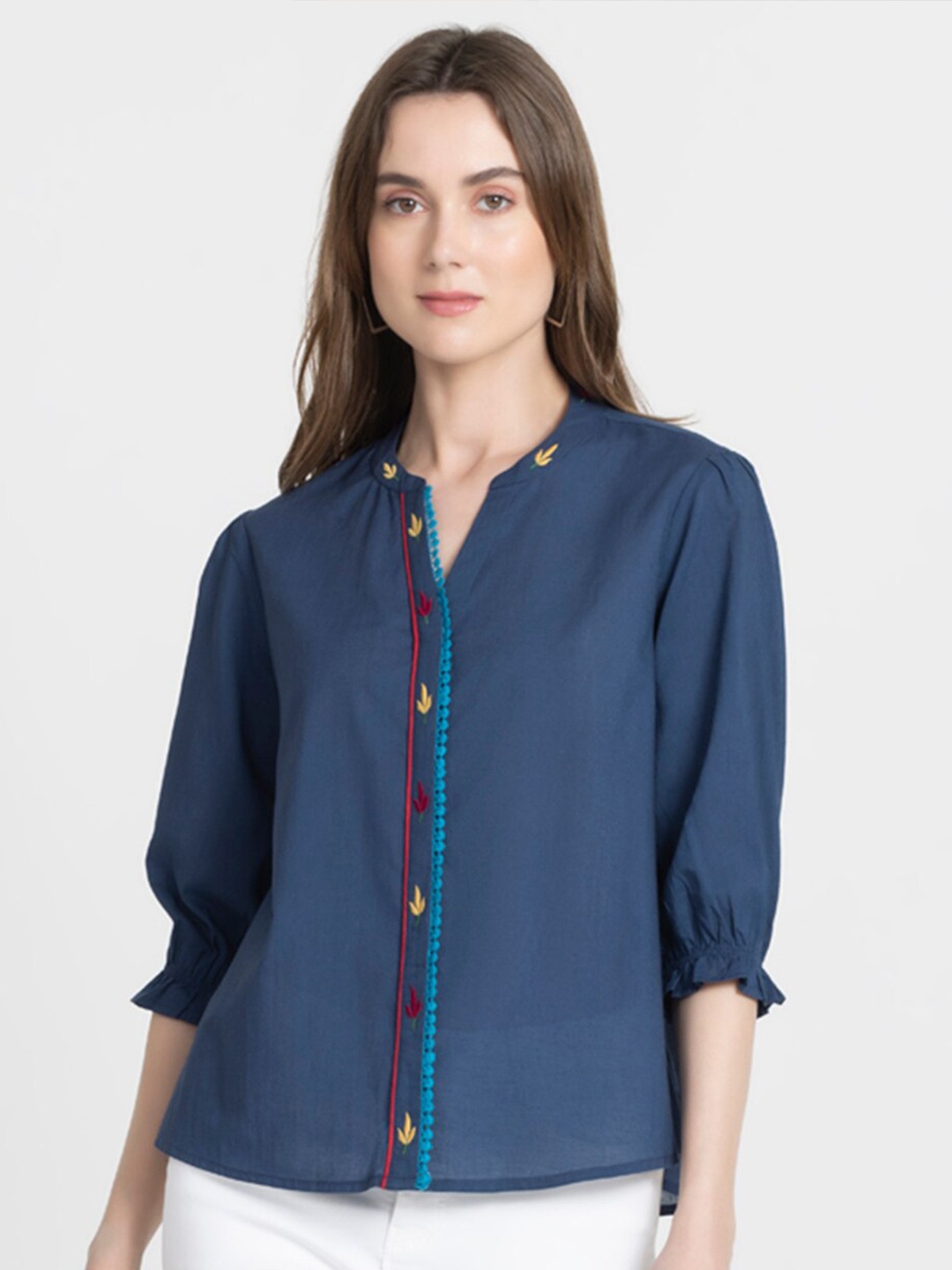 

SHAYE Mandarin Collar Embroidered Pure Cotton Shirt Style Top, Navy blue