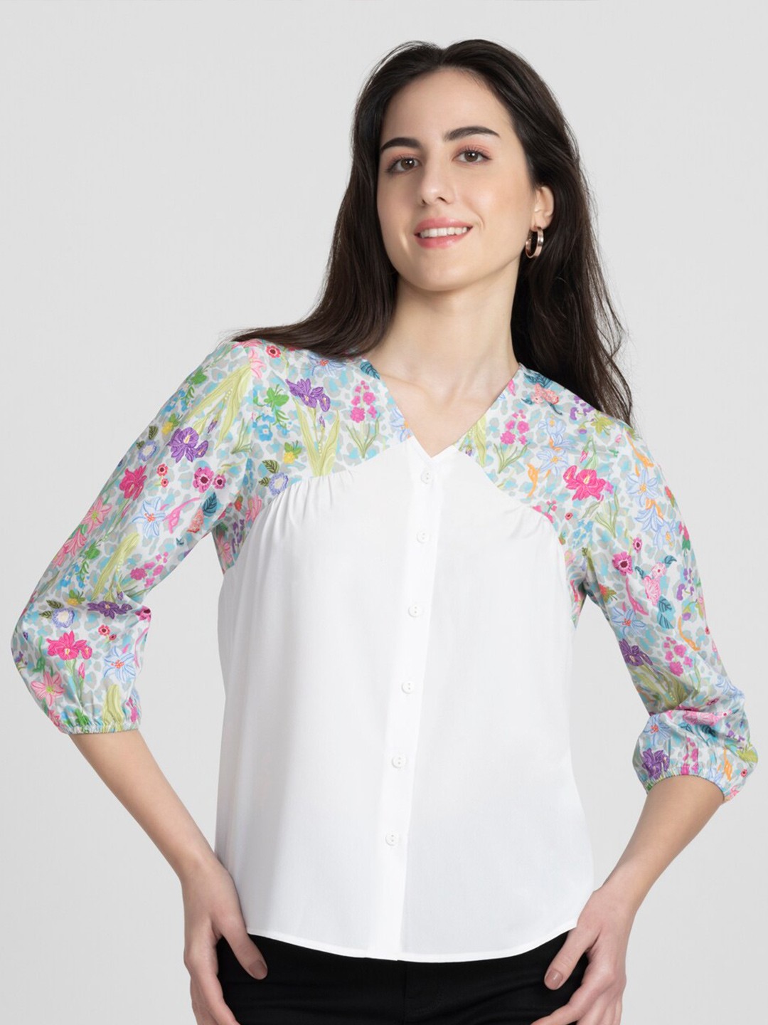 

SHAYE Floral Print Crepe Shirt Style Top, White