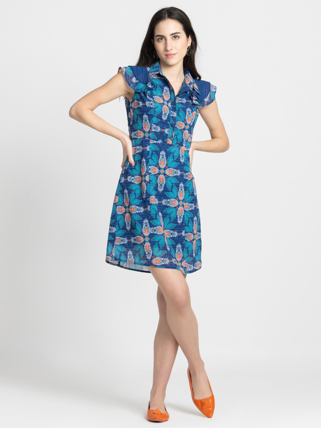 

SHAYE Floral Printed Cape Sleeves Pure Georgette A-Line Dress, Navy blue