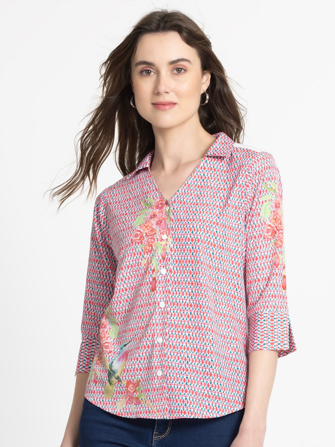 

SHAYE Floral Print Crepe Shirt Style Top, White