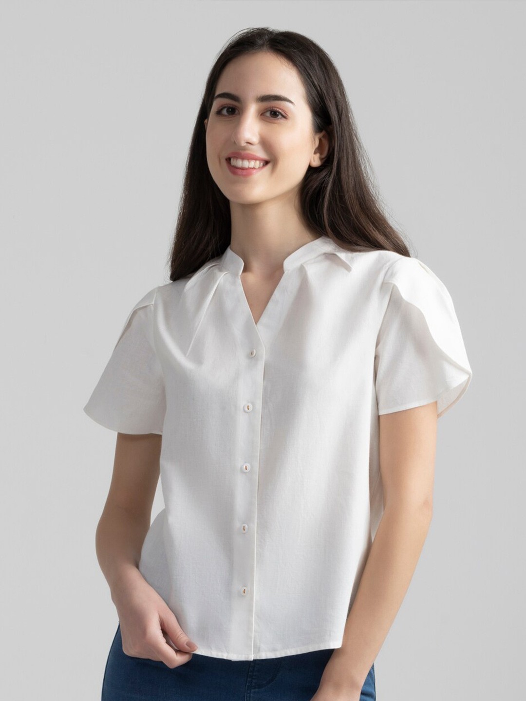 

SHAYE Mandarin Collar Pure Cotton Shirt Style Top, White