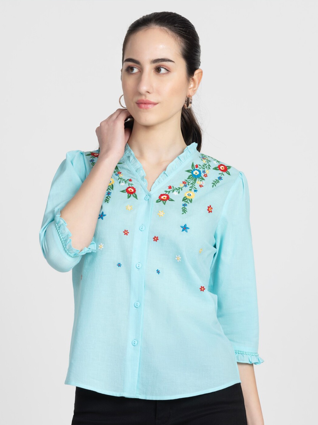 

SHAYE Floral Embroidered Mandarin Collar Pure Cotton Shirt Style Top, Blue